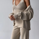 Nadorine Women's Chic V-neck Knitted Three-piece Set Sleeveless Crop Vest and Sweater Cardigan & Solid Wide Leg Pants