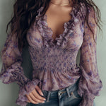Romantic Lavender Floral Ruffled Chiffon Blouse With Smocked Waist