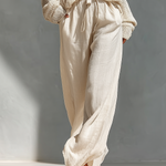 Women's Beige Knit Fabric Cold-Shoulder Turtleneck Top & Wide-Leg Pants Set