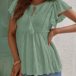 Nadorine Eyelet Tie-Neck Flutter-Sleeve Top Solid Color Casual Blouse for Women Casual Work Office Loose Fit 2026 | Under $40