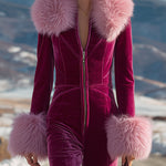 Fashion Retro Rose Red Velvet Faux Fur Collar Long Sleeve Flared Jumpsuit
