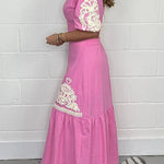 Stylish V-neck Puff-sleeved Crop Top and Elastic Waist Paneled Maxi Skirt Set
