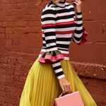 Long Sleeves Skinny Contrast Color Ruffled Split-Joint Striped Half Turtleneck Blouses&Shirts Tops
