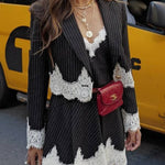 Emily in Paris Striped Lace Trim Lapel Crop Loose Blazer