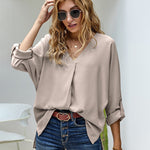 Nadorine V-Neck Long Sleeve Buckle T-Shirt Plain Shirts Shirt Top Elegant Shirts Casual Slim Fit Basic