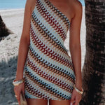 Playful Colorful Knitted Slim-fitting Offset Neck Stretch Mini Dress