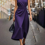 High Waisted Loose Pleated Solid Color Round-Neck Midi Dresses