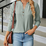 Solid Color V-Neck Buttoned Jacquard Loose-Fitting Long-Sleeved T-Shirt Top