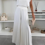 Fashionable Round Neck Shoulder Pads Top and Elastic Waist Pleated Wide-leg Pants Set