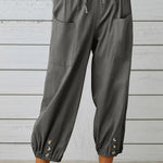 Loose casual button down cropped cotton linen trousers wide leg