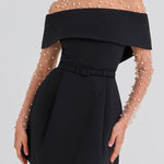 Elegant Evening Lapel Bandeau Removable Belt Pocketed Mini Dress