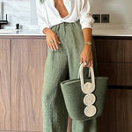 Tropical Calling Linen Blend Unique Print Loose Blouse and Elastic Waist Pocket Pants Set