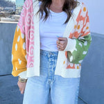 Orange Flower & Dotted Print Colorblock Open Front Cardigan