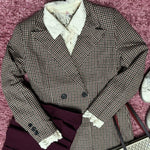 Burgundy checked double-breasted jacket with black double buttons