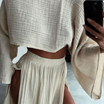 Chic slit cotton and linen casual two-piece set