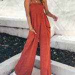Wide Leg Jumpsuit Pocket Spaghetti Straps Plain Loose Jumpsuit