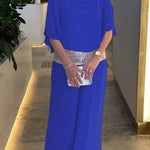 Stylish Sequin Patchwork Dolman Sleeve Top and Elastic Waist Wide Leg Pants Set