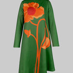 A-Line Long Sleeves Flower Print Split-Joint High Neck Midi Dresses