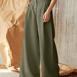 Solid Color High Waist Casual Button Wide Leg Pant