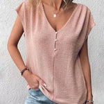Short Sleeve V Neck Ribbed Knitwear Leisure Loose Fit Work Crochet Top with Pearls