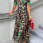 Loose Short Sleeves Buttoned Contrast Color Leopard Lapel Maxi Dresses Shirt Dress