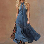 Elegant Vintage Western Tie-neck Sleeveless Bubble Hem Blue Denim Maxi Dress