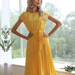Polka Dot Midi Modest Summer Dress for Women High Waist Short Sleeve with Belt