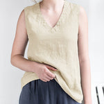 Solid Color V-neck Cotton Linen T-shirt Slim Casual Top
