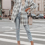 Nadorine Brushed Plaid Shirts Long Sleeve Flannel Lapel Button Down Shacket Jacket with Pockets
