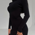 High Collar Mid-length Pitted Knitted Dresses Women's Solid Color Knitted Dress