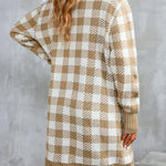 Khaki Plaid Ribbed Contrast Open Front Long Cardigan