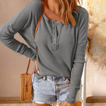 Nadorine Casual Long Sleeve T-Shirt Button Up V Neck Ribbed Knit Tunic Top