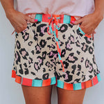 Drawstring Waist Stripes Splice Leopard Shorts