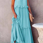 Vittoria Shirred Ruffle Tiered Maxi Halter Dress