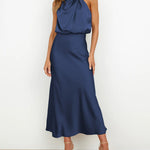 Long Formal Satin Dress Mock Neck High Neck Evening Dress