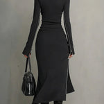 Bodycon Irregularity Asymmetric Pockets Solid Color Split-Joint Split-Side Zipper Half Turtleneck Midi Dresses