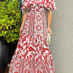 Irene Bohemian Print Off The Shoulder Belted Ruffle Maxi Dress
