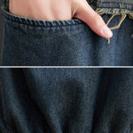 Original Loose Denim Contrast Color Round-Neck Long Sleeves Midi Dress