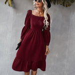 Solid Square Neck Bishop Sleeve Flounce Hem Dress