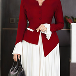 Elasticated Waist Flared Sleeves Asymmetric Belted Buttoned Contrast Color Split-Joint Stand Collar Blouses&Shirts Tops