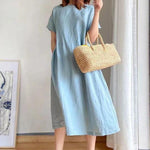 Casual Loose Solid Color Round-Neck Midi Dresses
