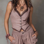 Lace-Trim Button Vest & Ruffle Shorts Set