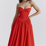Strapless Corset Pleated Hem Prom Party Midi Dresses-Red