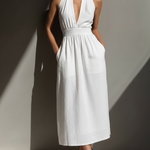 Women's Minimalist Cotton And Linen Blend Halter Neck V-neck Backless Midi Dress