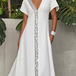 A-Line Loose Pockets Shiny Solid Color V-Neck Maxi Dresses