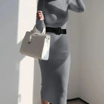 Elegant Turtleneck Sweater Dress Slim-fitting Belted Knee-length Knitted Dress