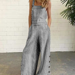 Sleeveless Overalls Jumpsuit Casual Plaid Print Summer Wide Leg Bib Jumpsuits