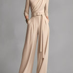 Women's Neutral-colored Cotton Blend Knit Jumpsuit With Gathered Waist