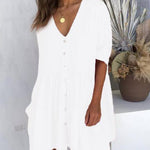 Half Sleeve Summer Shirt Dress V Neck Button Down Casual Loose Flowy Swing Mini Dress with Pockets