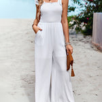 Sleeveless Lace-up Smocked Jumpsuits Solid Loose fit Wide Leg High Wasit Romper